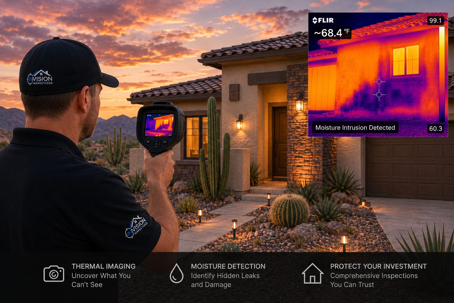 InVision inspector scanning an Arizona home at sunset with a thermal camera, revealing moisture intrusion